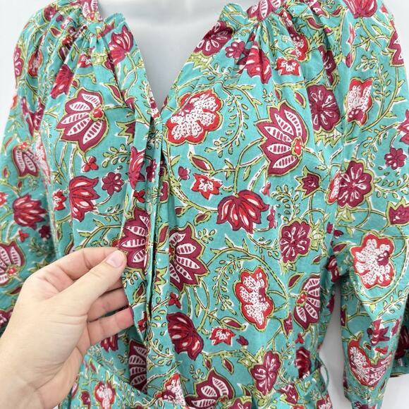 Maisie Tie Waist Midi Dress in Ethnic Floral Sz L Green Pink Boho Beachy Cotton - Picture 6 of 16